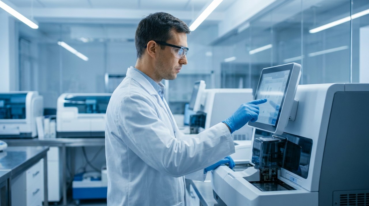 A laboratory professional working at an automated analyzer