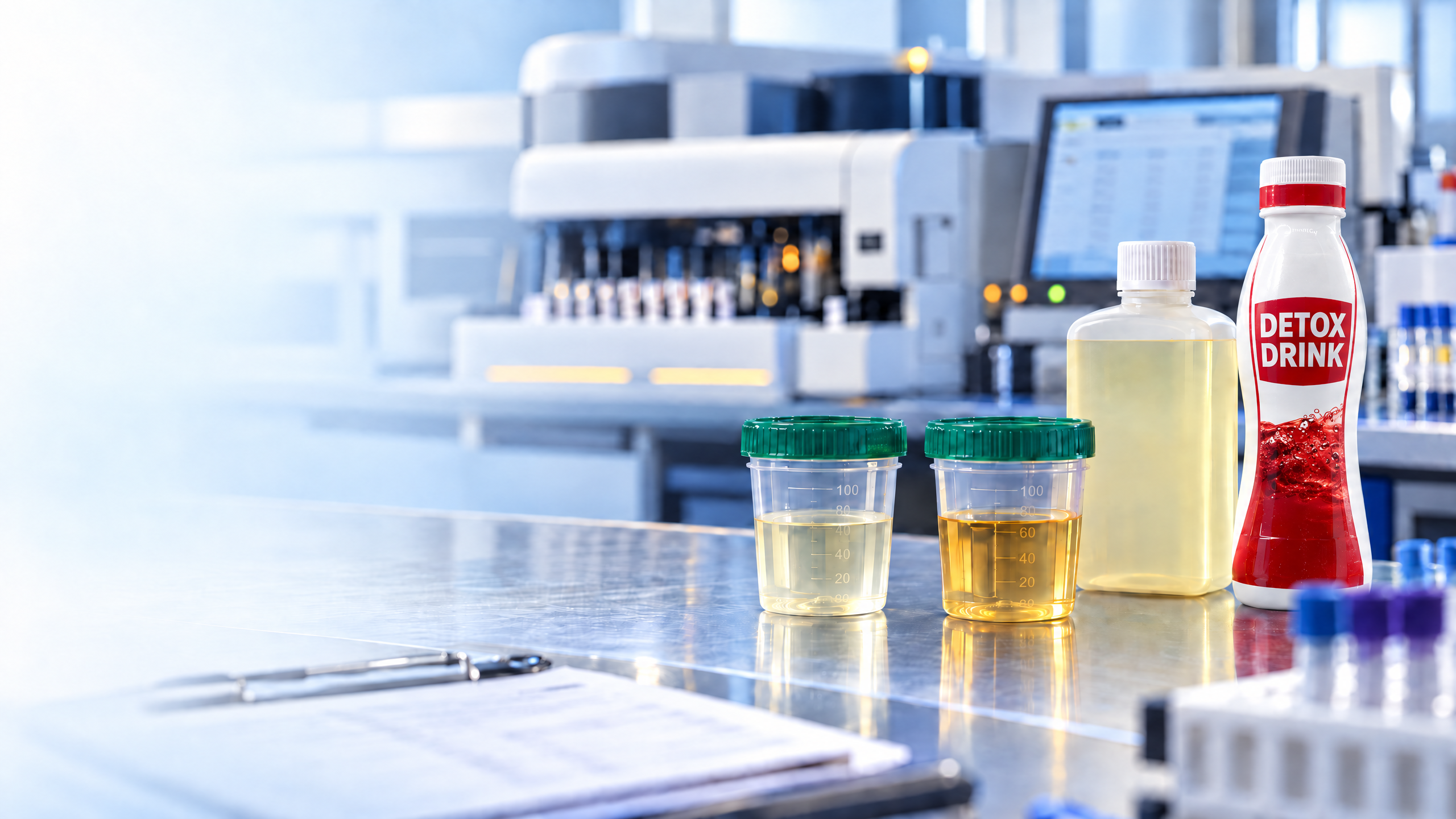 An unbranded detox drink, a synthetic-urine-style container and specimen cups on a laboratory bench in front of a chemistry analyzer