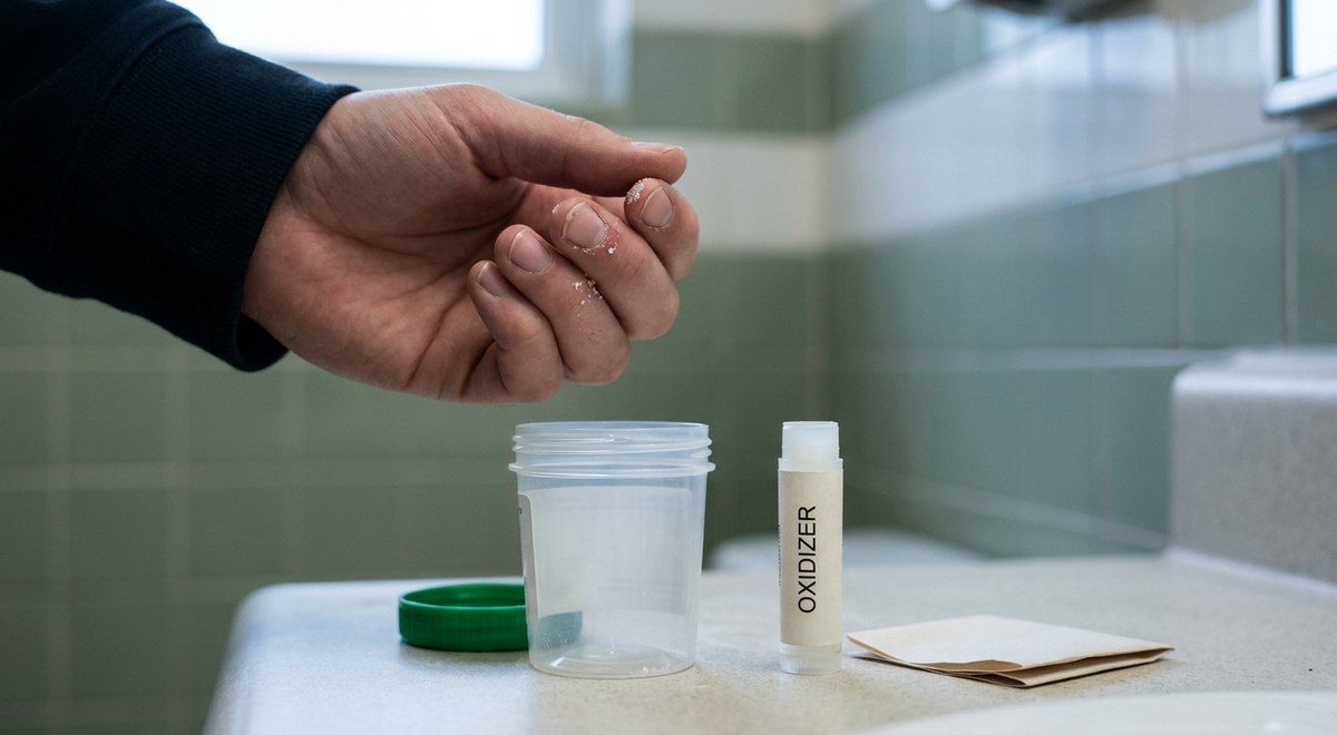 An oxidizer vial beside an open urine specimen cup &mdash; the kind of adulterant Oxidant History reveals