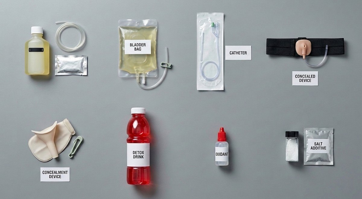 Items sold to defeat drug tests: synthetic urine, a bladder bag, a catheter, concealed devices, a detox drink, an oxidant and a salt additive