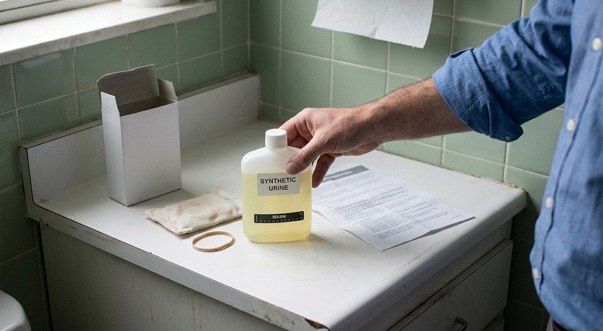 A synthetic urine bottle and heat pad &mdash; the counterfeit urine True Urine detects