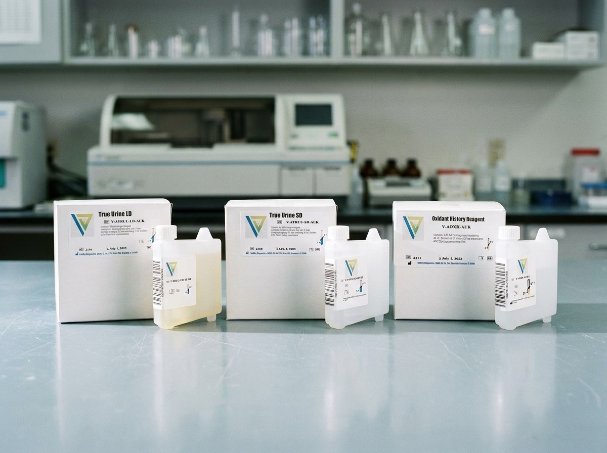 Three VDx reagent kits on a laboratory bench: True Urine LD, True Urine SD and Oxidant History, each carton beside its R1 cartridge