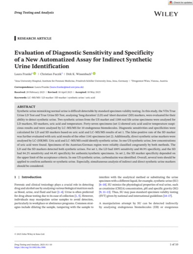 Page one of the Franke 2025 paper in Drug Testing and Analysis